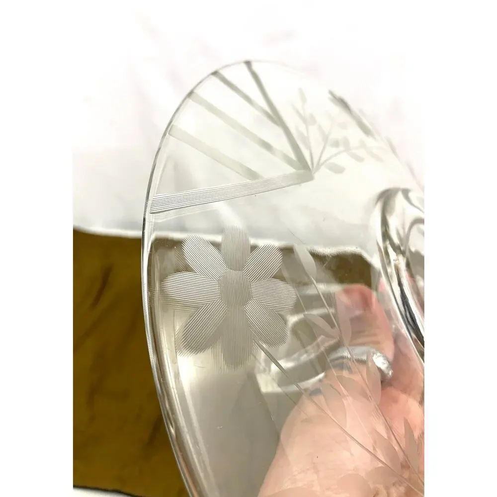 VTG Etched Clear Crystal‎ Center Handle Tray Plate with Etched Flowers 10.5